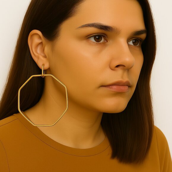 Bold Gold-Tone Geometric Octagon Hoop Earrings – 3" Statement Hoops for Women - Picture 1 of 8